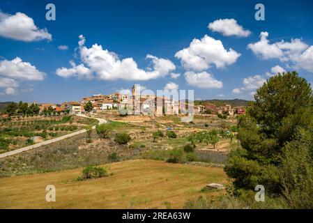 Dorf Bovera, auf einem Hügel, umgeben von Feldern und Obstbäumen (Les Garrigues, Lleida, Katalonien, Spanien) ESP: Pueblo de Bovera, en una Colina, Lérida Stockfoto