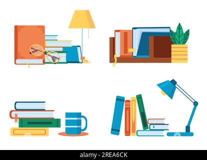 Literatur lesen, flache Buchstapel und Stapel für das Studium. Tisch mit Lehrbüchern und Lampe, Gläser oder Becher. Regal-Buch für die Ausbildung Stock Vektor