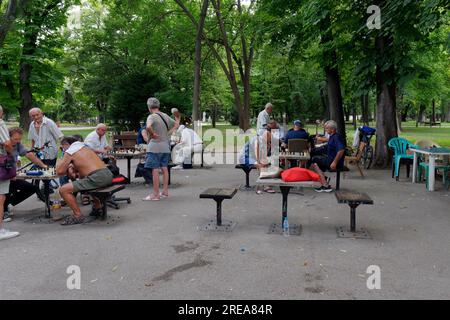 Ältere Männer, die an einem Sommerabend in Plovdiw in Bulgarien in einem Park gesellig sind und Schach spielen. Juli 2023. Stockfoto