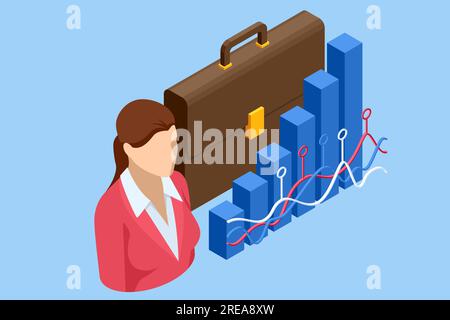 Isometrischer Geschäftsanalytiker, der mit dem digitalen Finanzwesen zusammenarbeitet. Daten und Leistungskennzahlen für Business Intelligence-Analysen Stock Vektor