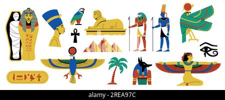 Ägyptische Symbole gesetzt. Alte ägyptische Hieroglyphen, dekorative Elemente aus Papyrus und Papier, antike Mythologie und Kultur. Vektorsammlung Stock Vektor