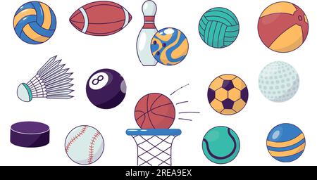 Cartoon-Sportball. Set aus verschiedenen bunten Spielausrüstungen, Bowling Billard Tennis Football Hockey Golfball in verschiedenen Farben. Vektorsammlung Stock Vektor