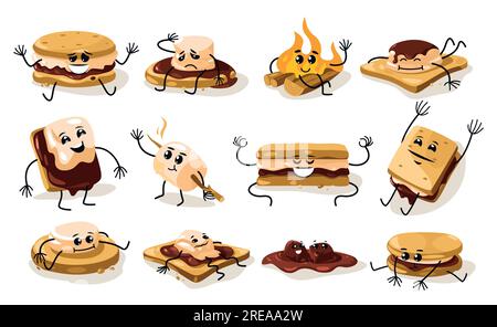 Cartoon-Figuren. Süße getoastete Marshmallow-Gesichter mit süßem Lächeln, lustige Kindermaskottchen mit geröstetem süßem Snack. Vektor isoliertes Set Stock Vektor