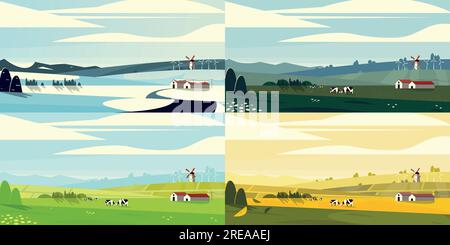 Saisonale Landschaft. Sommer Frühling Herbst Winterpark mit Bäumen, Blumen und Gras, Cartoon Hintergrund mit Sonne und Himmel. Vektordarstellung Stock Vektor