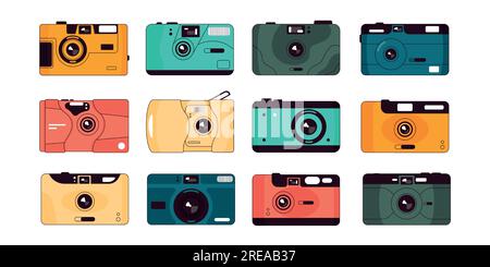 Kamera anvisieren und abfeuern. Hipster-Retro-Kamera mit Kunststofflinse, alte Reisefotografie-Ausrüstung für Fotoaufnahmen. Vektorticker gesetzt Stock Vektor