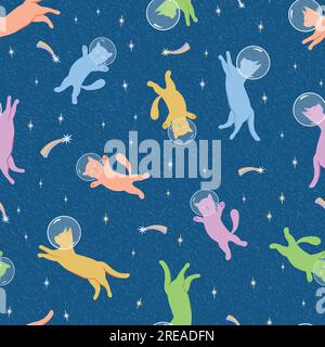 Nahtloses Vektormuster süße gelbpinkgrüne Katzen in sternenfarbenem Nachtraum-Astronauten-Katzenstoff. Vektordarstellung Stock Vektor