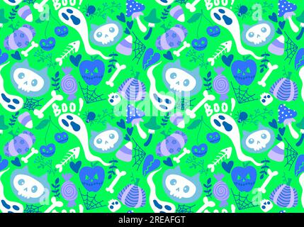 Cartoon Halloween-Katzen nahtlose Kürbisse und Schädel und Geist- und Pilzmuster zum Einwickeln von Papier und Textilien und festlichen Accessoires und Herbst Stockfoto