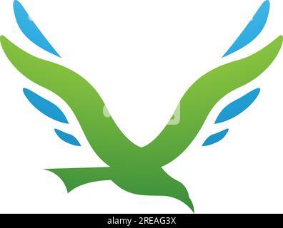 Grünes und blaues Vogel-förmiges V-Symbol auf weißem Hintergrund Stock Vektor