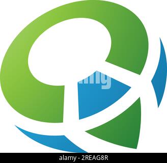 Grünes und blaues kompassförmiges Q-Symbol auf weißem Hintergrund Stock Vektor