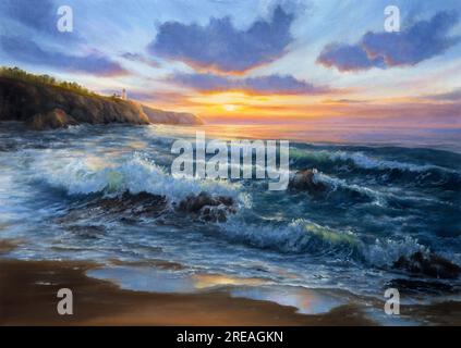 Originales Ölgemälde des Leuchtturms an der Küste vor dem goldenen Sonnenuntergang auf Leinwand. Moderner Impressionismus Stockfoto