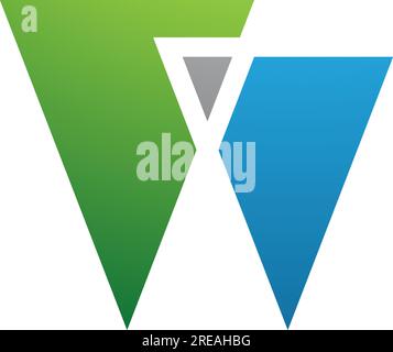 Symbol mit grünem und blauem Buchstaben W mit Dreiecken auf weißem Hintergrund Stock Vektor