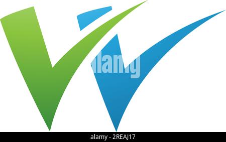 Grünes und blaues Häkchen mit dem Buchstaben W auf weißem Hintergrund Stock Vektor