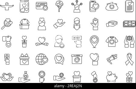 Großzügigkeit-Symbole legen den Konturvektor fest. Lebensmittelspende. Auswirkungen auf die Wirtschaft Stock Vektor