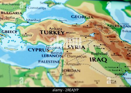 Weltkarte der südwestasiatischen Länder mit Schwerpunkt auf der türkei, syrien und dem irak Stockfoto