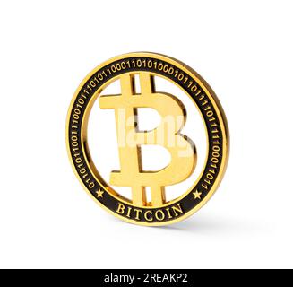 Goldene Bitcoin (BTC) für digitale Währung, isoliert auf weißem Hintergrund. Kryptowährung, virtuelles Geld. Das Konzept der virtuellen internationalen Währung Stockfoto