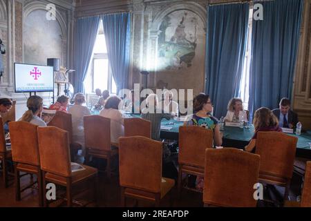 Rom, Italien. 26. Juli 2023. Pressekonferenz über die neuen archäologischen Entdeckungen des Theaters Nero im Palazzo della Rovere. (Kreditbild: © Matteo Nardone/Pacific Press via ZUMA Press Wire) NUR REDAKTIONELLE VERWENDUNG! Nicht für den kommerziellen GEBRAUCH! Stockfoto