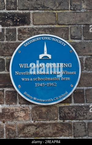 Blaue Gedenktafel zum Gedenken an William Golding, Autor des Romans "Herr der Fliegen", Salisbury Stockfoto