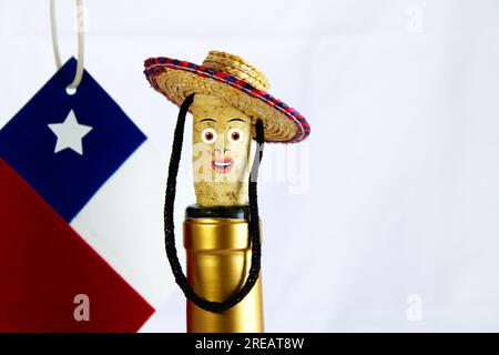 Gesicht in chilenischem Weinkorken mit Mützenbezug, Flasche und Flagge Stockfoto