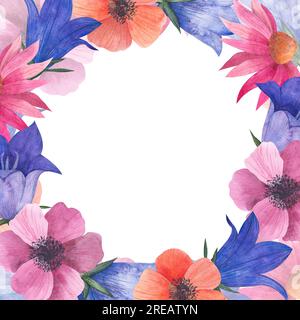 Aquarell Rahmen mit blumigen Wildblumen, Wildblumen, Bluebell Knospen, Anemonen, kosmea Blume, echinacea, Illustration im provence-Stil, mit Platz Stockfoto