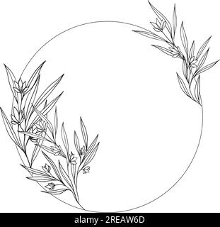 Vektor handgezeichnet botanischer Kreisrahmen mit Blumen. Elegante, minimalistische, isolierte Illustration mit Blumenmuster. Runde Grenze, Hochzeitseinladung und Stock Vektor