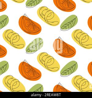 Nahtloses Muster aus Zitronenschale, orangefarbenem Stück und grünem Blatt mit bunten abstrakten Punkten in trendigen Farbtönen. Vektordarstellung. EPS. Hintergrundtextur. Isolieren. Gut zum Einpacken, Tapeten oder Poster Stock Vektor