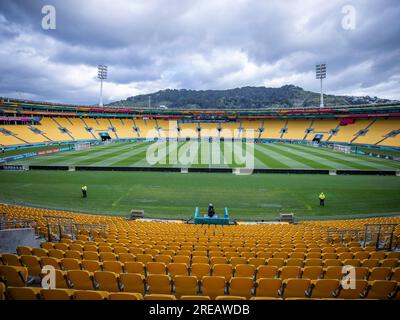 Wellington, Wellington, Neuseeland. 27. Juli 2023. Wellington Regional Stadium vor dem Start des 2023 FIFA WomenÃs World Cup Group E-Spiels zwischen den USA und den Niederlanden im Wellington Regional Stadium in Wellington, Neuseeland. (Kreditbild: © Ira L. Black/ZUMA Press Wire) NUR REDAKTIONELLE VERWENDUNG! Nicht für den kommerziellen GEBRAUCH! Stockfoto