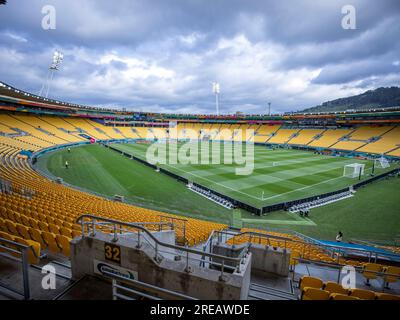 Wellington, Wellington, Neuseeland. 27. Juli 2023. Wellington Regional Stadium vor dem Start des 2023 FIFA WomenÃs World Cup Group E-Spiels zwischen den USA und den Niederlanden im Wellington Regional Stadium in Wellington, Neuseeland. (Kreditbild: © Ira L. Black/ZUMA Press Wire) NUR REDAKTIONELLE VERWENDUNG! Nicht für den kommerziellen GEBRAUCH! Stockfoto