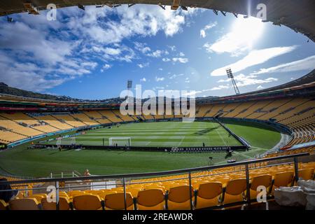 Wellington, Wellington, Neuseeland. 27. Juli 2023. Wellington Regional Stadium vor dem Start des 2023 FIFA WomenÃs World Cup Group E-Spiels zwischen den USA und den Niederlanden im Wellington Regional Stadium in Wellington, Neuseeland. (Kreditbild: © Ira L. Black/ZUMA Press Wire) NUR REDAKTIONELLE VERWENDUNG! Nicht für den kommerziellen GEBRAUCH! Stockfoto