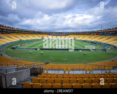 Wellington, Wellington, Neuseeland. 27. Juli 2023. Wellington Regional Stadium vor dem Start des 2023 FIFA WomenÃs World Cup Group E-Spiels zwischen den USA und den Niederlanden im Wellington Regional Stadium in Wellington, Neuseeland. (Kreditbild: © Ira L. Black/ZUMA Press Wire) NUR REDAKTIONELLE VERWENDUNG! Nicht für den kommerziellen GEBRAUCH! Stockfoto