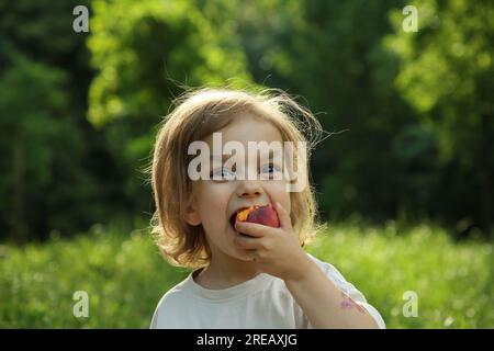 Süßes kleines Mädchen, das im Park leckeren Pfirsich isst Stockfoto