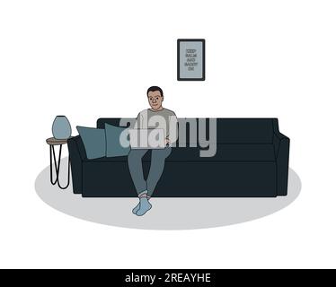 Mann sitzt auf der Couch mit einem Laptop mit farbenfrohem Linienkunst-Vektordesign Stockfoto