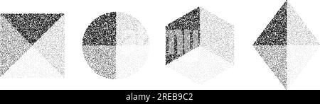 Set von versteiften geometrischen Formen mit Teilflächen. Schwarz gepunktete Quadrat-, Kreis-, Rhombus- und Sechseck-Kollektion. Strukturierte Rauschkornpunkt-Arbeitselemente. Halbtöne und Tiefen – kräftiges Effektbündel. Vektor Stock Vektor