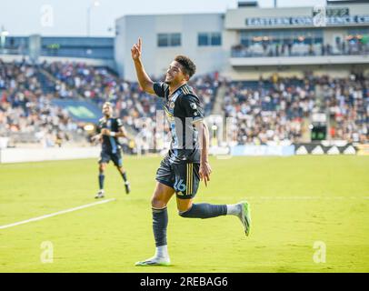 Chester, Pennsylvania, USA. 26. Juli 2023. 26. Juli 2023, Chester, PA, USA: NATHAN HARRIEL von Philadelphia Union (26) feiert ein Tor gegen den Queretaro FÃºtbol Club im Subaru Park in Chester, PA.Kreditbild: © Ricky Fitchett via ZUMA Wire (Kreditbild: © Ricky Fitchett/ZUMA Press Wire) NUR REDAKTIONELLE VERWENDUNG! Nicht für den kommerziellen GEBRAUCH! Stockfoto