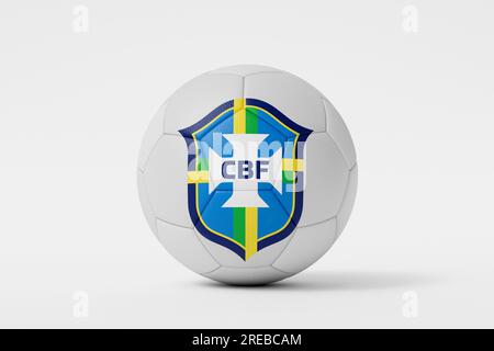 LONDON, Großbritannien - Juli 2023: Logo der brasilianischen Nationalmannschaft auf einem Fußball. 3D-Rendering Stockfoto