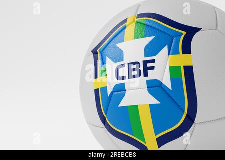 LONDON, Großbritannien - Juli 2023: Logo der brasilianischen Nationalmannschaft auf einem Fußball. 3D-Rendering Stockfoto