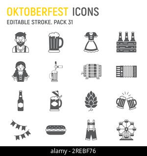 Oktoberfest Glyphe Icon Set, Urlaubssammlung, Vektorgrafiken, Logo Illustrationen, Beerfest Vektorsymbole, zeichen, Piktogramme, Stock Vektor