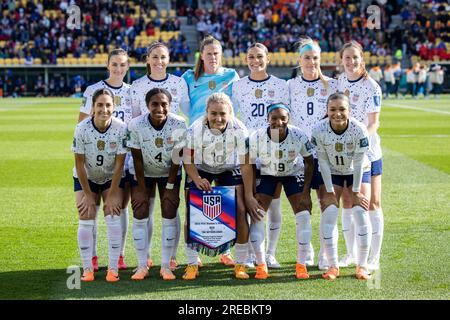 Wellington, Wellington, Neuseeland. 27. Juli 2023. Die Startlinie der USA zu Beginn des FIFA WomenÃs World Cup Group E-Spiels 2023 gegen die Niederlande im Wellington Regional Stadium in Wellington, Neuseeland. USA 1:1 Niederlande (Kreditbild: © Ira L. Black/ZUMA Press Wire) NUR REDAKTIONELLE VERWENDUNG! Nicht für den kommerziellen GEBRAUCH! Stockfoto