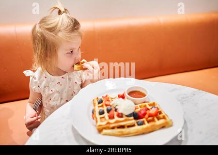 Klassische Wiener Waffeln mit Eis, Beeren und Ahornsirup. Frühstück im Café. Tisch im Restaurant. Stockfoto