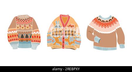 Kuscheliger, flacher Pullover. Süße warme Kleidung mit Verzierung. Farbige Cartoon-Vektorgrafik für deine Designaufkleber. Stock Vektor