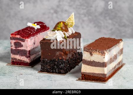 Verschiedene Kuchenscheiben. Tiramisu, Schokolade und Obstkuchen auf grauem Hintergrund Stockfoto