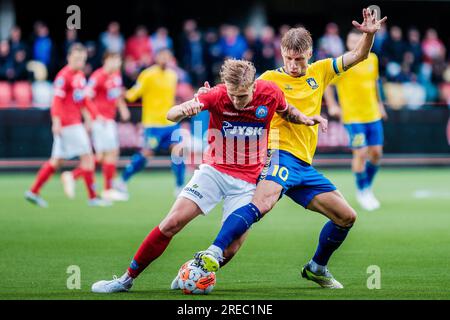 Silkeborg, Dänemark. 23., Juli 2023. Pelle Mattsson (6) von Silkeborg IF und Daniel Wass (10) von Broendby IF WÄHREND des 3F stattfindenden Superliga-Spiels zwischen Silkeborg IF und Broendby IF im Jysk Park in Silkeborg. Stockfoto