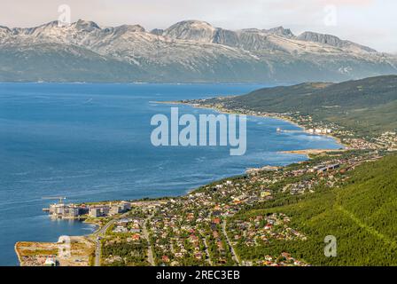 Blick aus der Vogelperspektive auf den Tromso-Fjord vom Mount Storsteinen, Norwegen Stockfoto