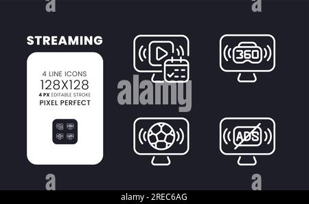 Streaming von weißen, linearen Desktop-Symbolen auf Schwarz Stock Vektor