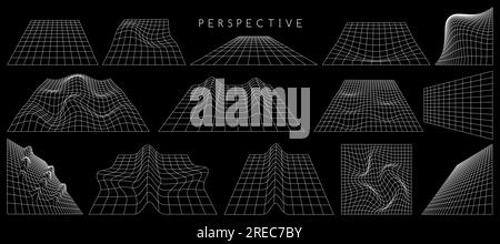 Wireframe Retro futuristische Perspektivenraster. Vektorset der verzerrten Ebenen eines geometrischen Blueprint Stock Vektor