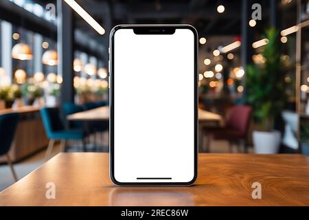 Weißer Smartphone-Bildschirm auf Holztisch im Café-Restaurant. Modell leeres Smartphone Stockfoto