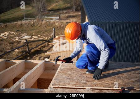 Zimmermann Hämmerschläge Nagel in die OSB-Platte auf dem Dach der zukünftigen Hütte. Mann Arbeiter Gebäude Holzrahmen Haus. Zimmerei- und Konstruktionskonzept. Stockfoto