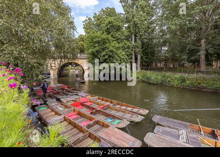 Touristen, die im Fluss Cherwell neben dem Botanischen Garten von Oxford und der Magdalen Bridge, Oxfordshire, England fahren Stockfoto