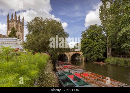 Touristen, die im Fluss Cherwell neben dem Botanischen Garten von Oxford und der Magdalen Bridge, Oxfordshire, England fahren Stockfoto