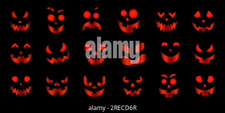 Beängstigende und lustige Gesichter von Halloween-Kürbis oder Geist auf schwarzem Hintergrund. Vektordarstellung Stock Vektor