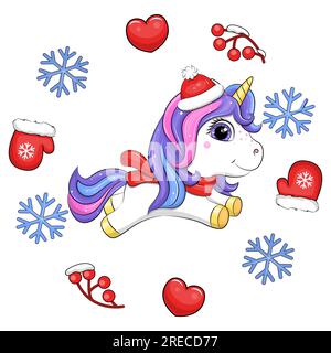 Süßes weißes Einhorn in einem Winterrahmen. Weihnachtsvektorbild eines Tieres mit roten Fäustlingen, Herzen, Beeren, blauen Schneeflocken. Stock Vektor
